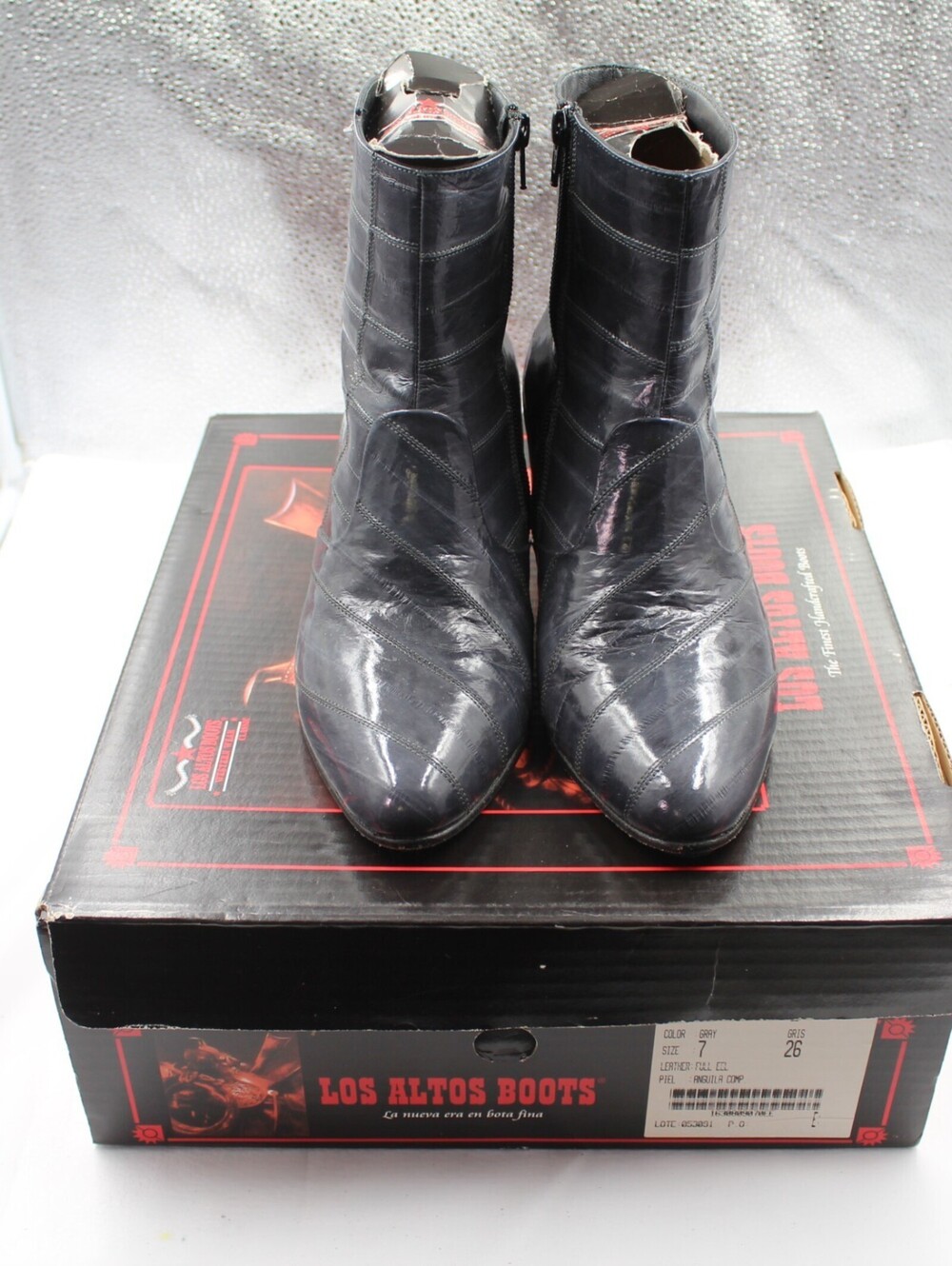 Los Altos Men Genuine Eel Skin Dress Ankle Boots Sz 8 Gray Side Zip Cuban Heel